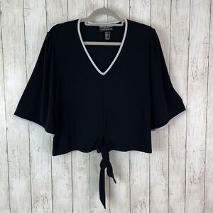 Frank Lyman Top Women’s 8 Black W/ White Piping Trim Tie Front Bell Slee…
